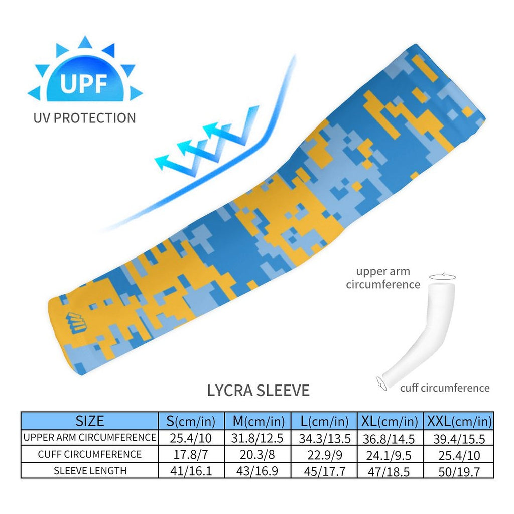 Athletic sports compression arm sleeve for youth and adult football, basketball, baseball, and softball printed with digicamo light blue, powder blue, and yellow colors.   