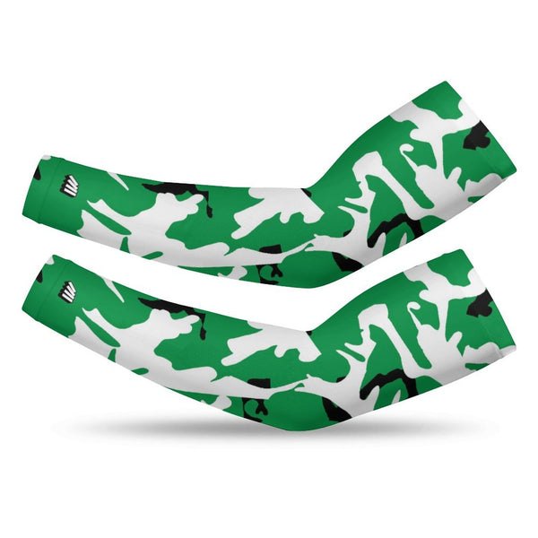 Athletic sports compression arm sleeve for youth and adult football, basketball, baseball, and softball printed with camo kelly green, white, and black colors.  