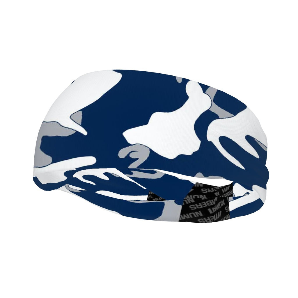 Athletic sports sweatband wide headband for youth and adult football, basketball, baseball, softball, gym workout, printed with navy blue, gray,  and white colors