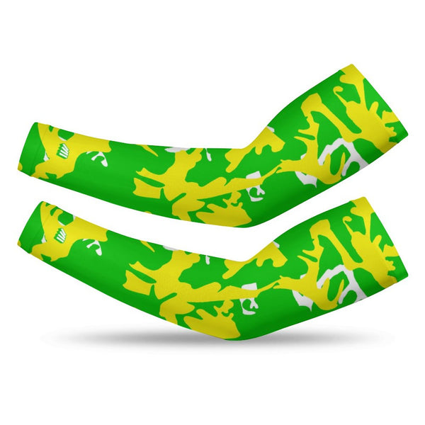 Athletic sports compression arm sleeve for youth and adult football, basketball, baseball, and softball printed with camo neon green, neon yellow, white