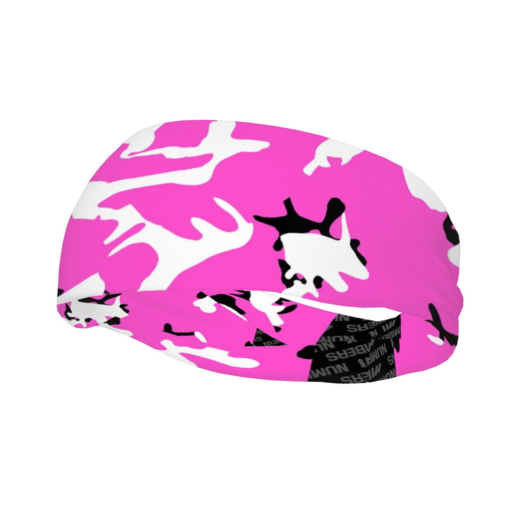 Athletic sports sweatband wide headband for youth and adult football, basketball, baseball, softball, gym workout, printed with pink, white, and black colors. 