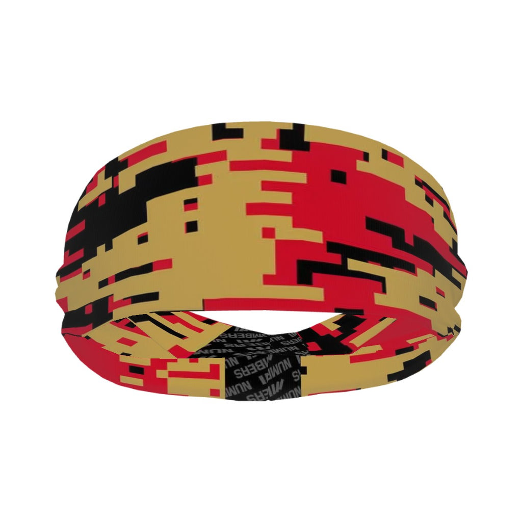 Athletic sports sweatband wide headband for youth and adult football, basketball, baseball, softball, gym workout, printed with red, gold, and black colors. 