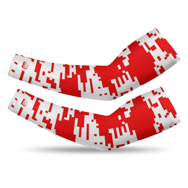 Athletic sports compression arm sleeve for youth and adult football, basketball, baseball, and softball printed with digicamo red and white colors. 