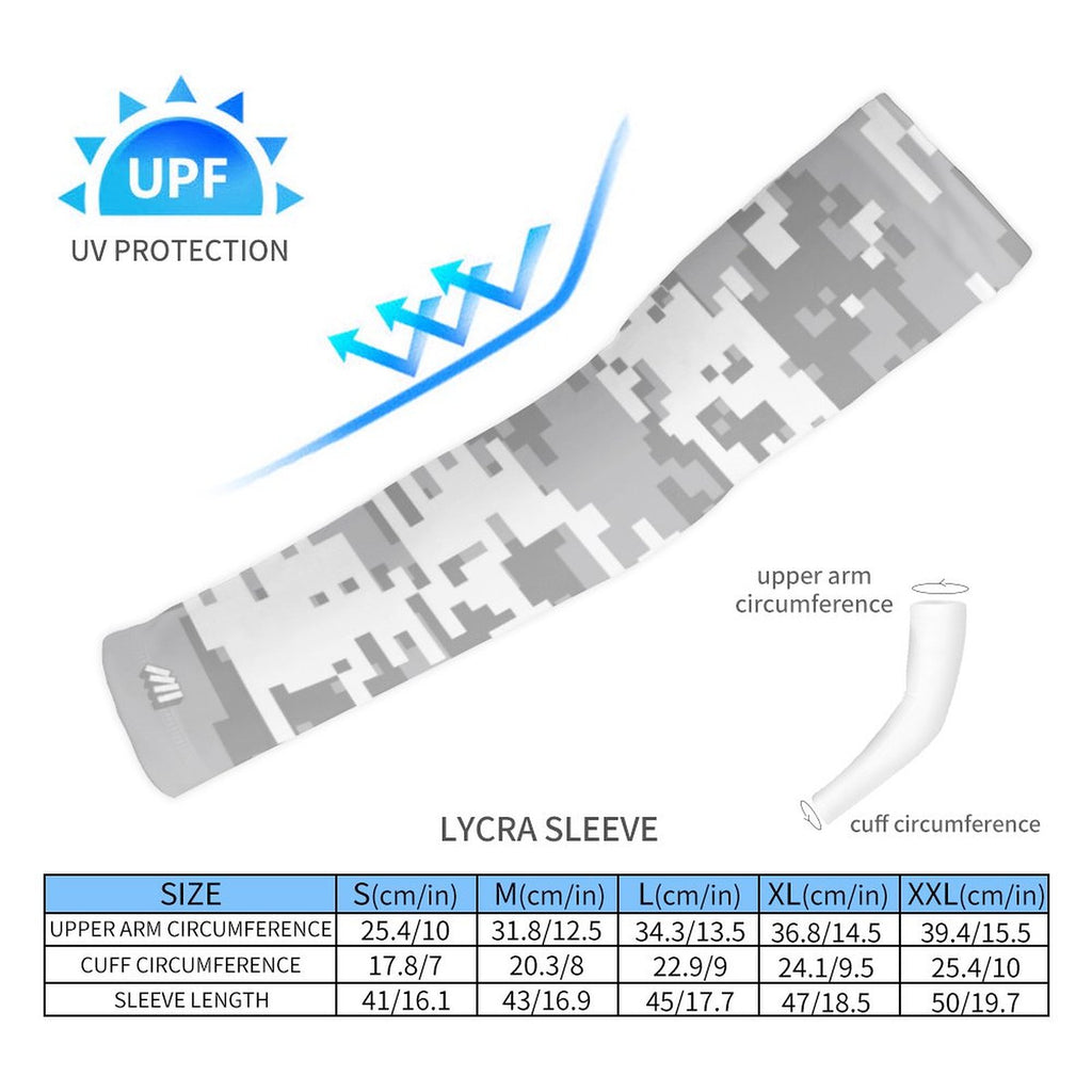 Athletic sports compression arm sleeve for youth and adult football, basketball, baseball, and softball printed with digicamo gray and white colors. 