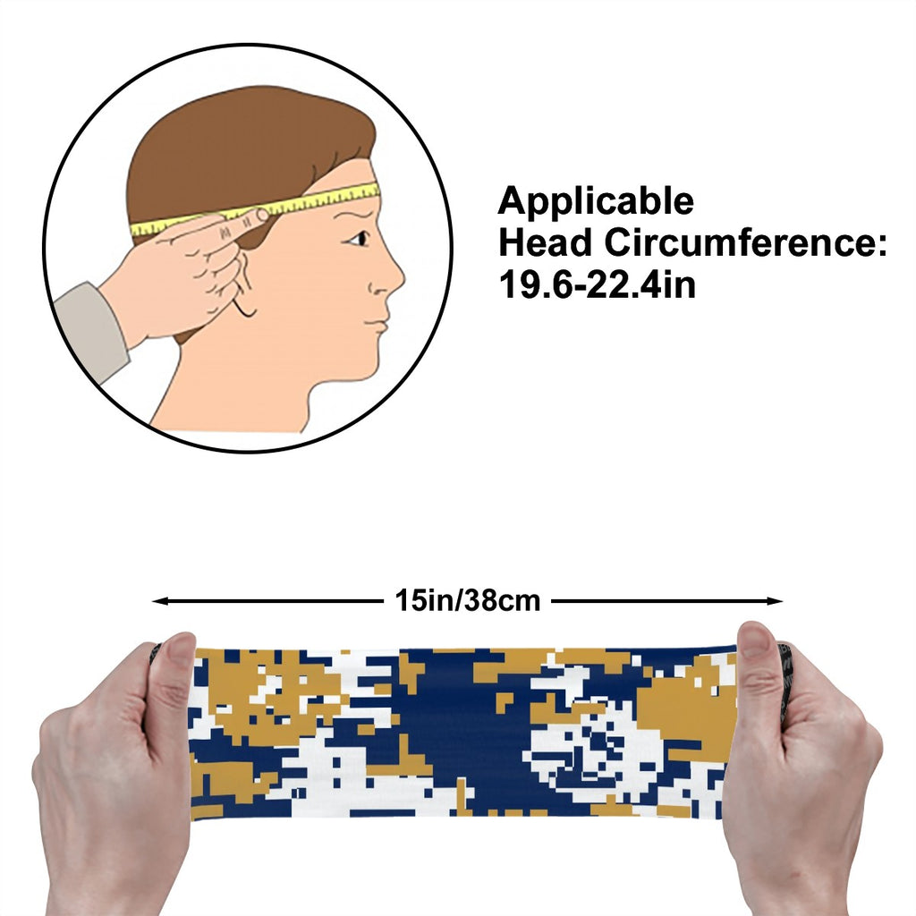 Athletic sports sweatband wide headband for youth and adult football, basketball, baseball, softball, gym workout, printed with navy blue, gold, and white colors. 