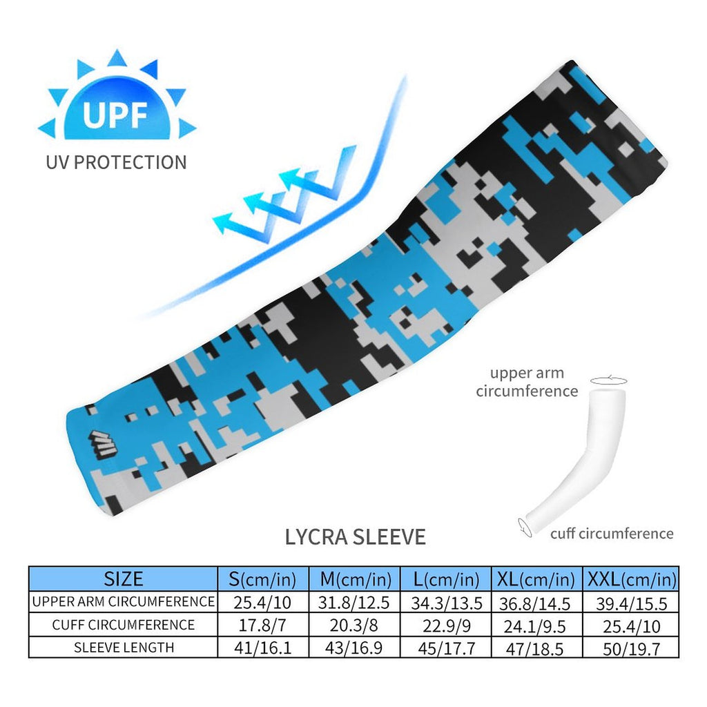 Athletic sports compression arm sleeve for youth and adult football, basketball, baseball, and softball printed with digicamo black, light blue, and gray colors. 