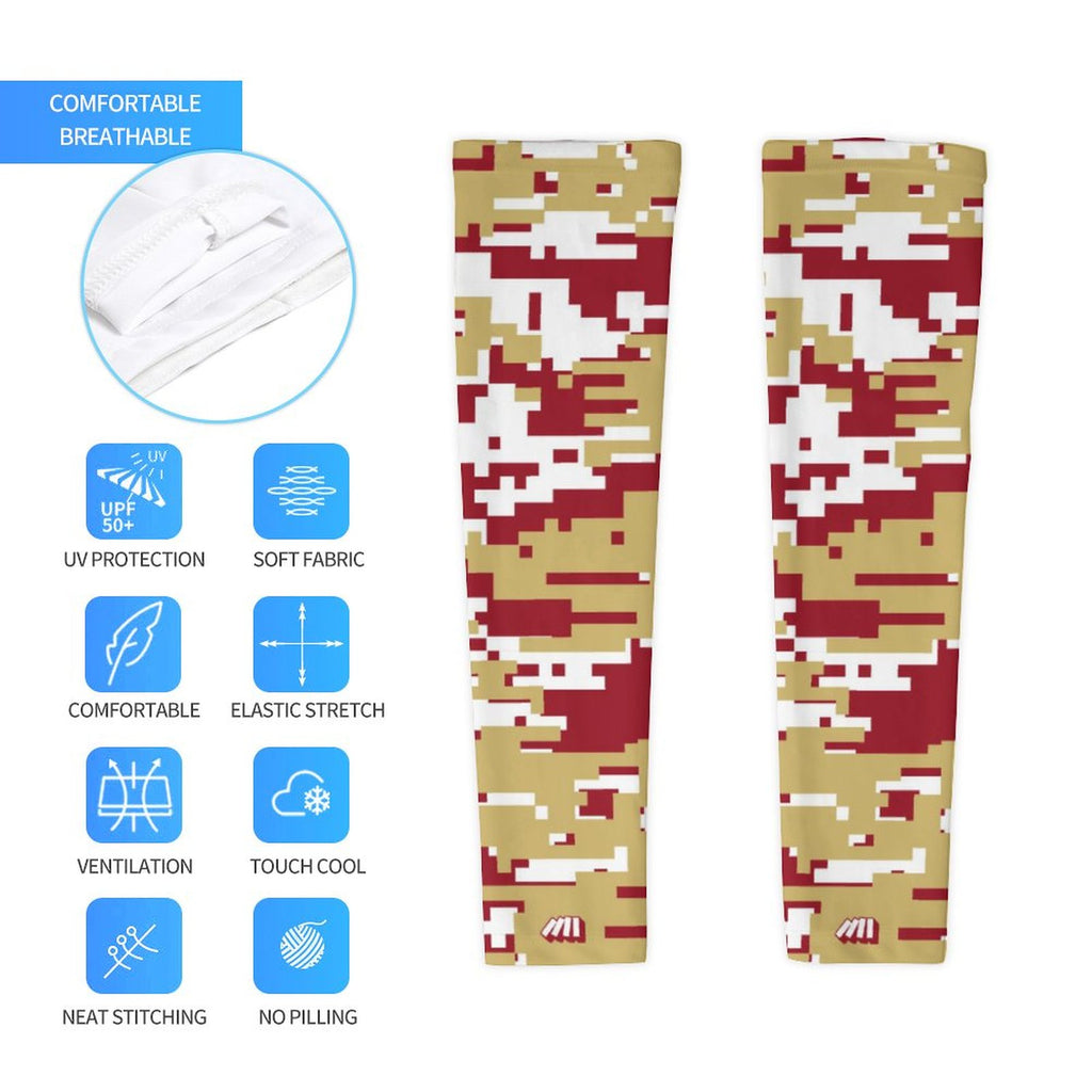 Athletic sports compression arm sleeve for youth and adult football, basketball, baseball, and softball printed with digicamo maroon, gold, and white colors. 