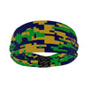 Athletic sports sweatband wide headband for youth and adult football, basketball, baseball, softball, gym workout, printed with green, navy blue, and gold colors. 
