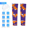 Athletic sports compression arm sleeve for youth and adult football, basketball, baseball, and softball printed with camo purple, orange, and white colors. 