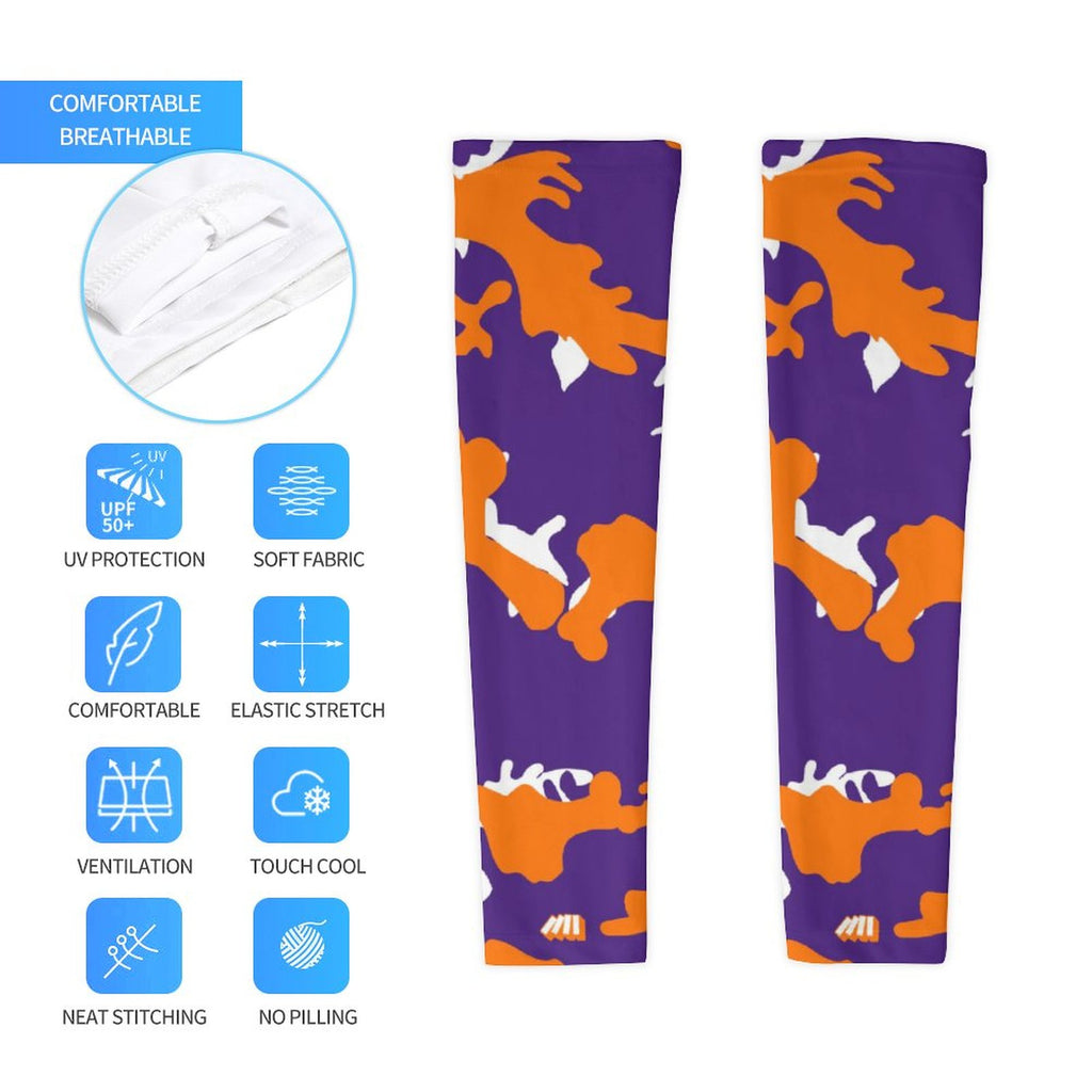 Athletic sports compression arm sleeve for youth and adult football, basketball, baseball, and softball printed with camo purple, orange, and white colors. 