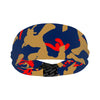 Athletic sports sweatband wide headband for youth and adult football, basketball, baseball, softball, gym workout, printed with navy blue, red, and gold colors. 