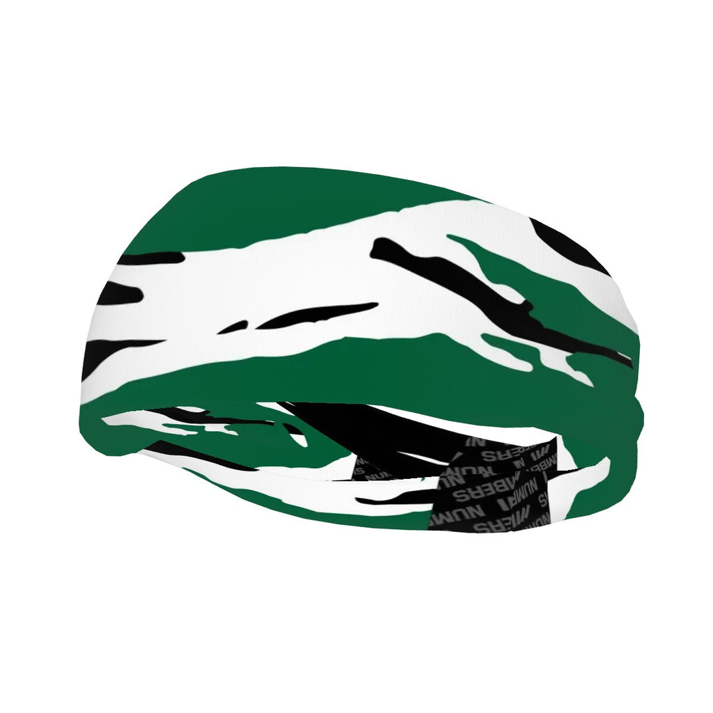 Athletic sports sweatband wide headband for youth and adult football, basketball, baseball, softball, gym workout, printed with green, white, and black colors. 