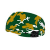Athletic sports sweatband wide headband for youth and adult football, basketball, baseball, softball, gym workout, printed with green, gold, and white colors.
