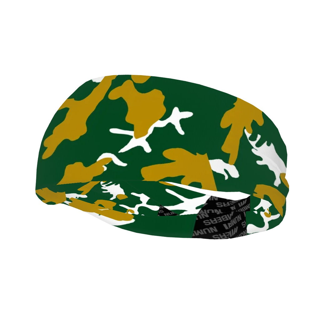 Athletic sports sweatband wide headband for youth and adult football, basketball, baseball, softball, gym workout, printed with green, gold, and white colors.