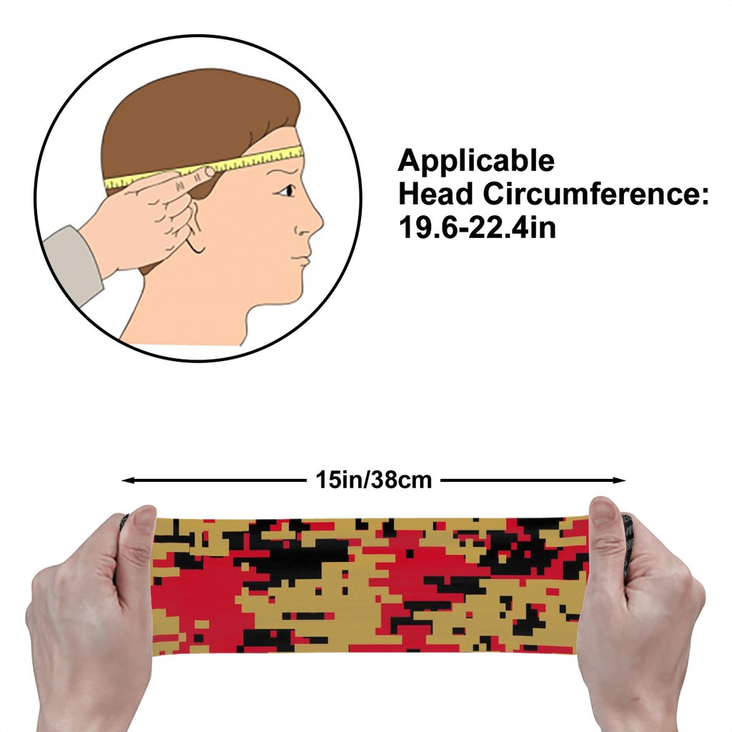 Athletic sports sweatband wide headband for youth and adult football, basketball, baseball, softball, gym workout, printed with red, gold, and black colors. 