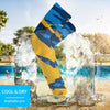 Athletic sports compression arm sleeve for youth and adult football, basketball, baseball, and softball printed with predator blue, light blue, and yellow colors. 