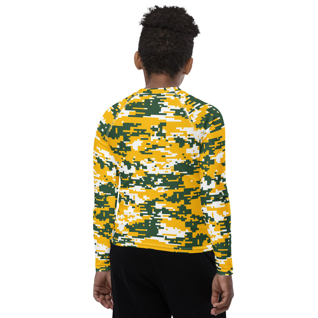 Athletic sports compression shirt for youth football, basketball, baseball, golf, softball etc similar to Nike, Under Armour, Adidas, Sleefs, printed with camouflage yellow, white, and green colors Green Bay Packers. 