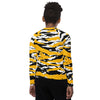 Athletic sports compression shirt for youth football, basketball, baseball, golf, softball etc similar to Nike, Under Armour, Adidas, Sleefs, printed with camouflage yellow, black, and white  Pittsburgh Steelers.