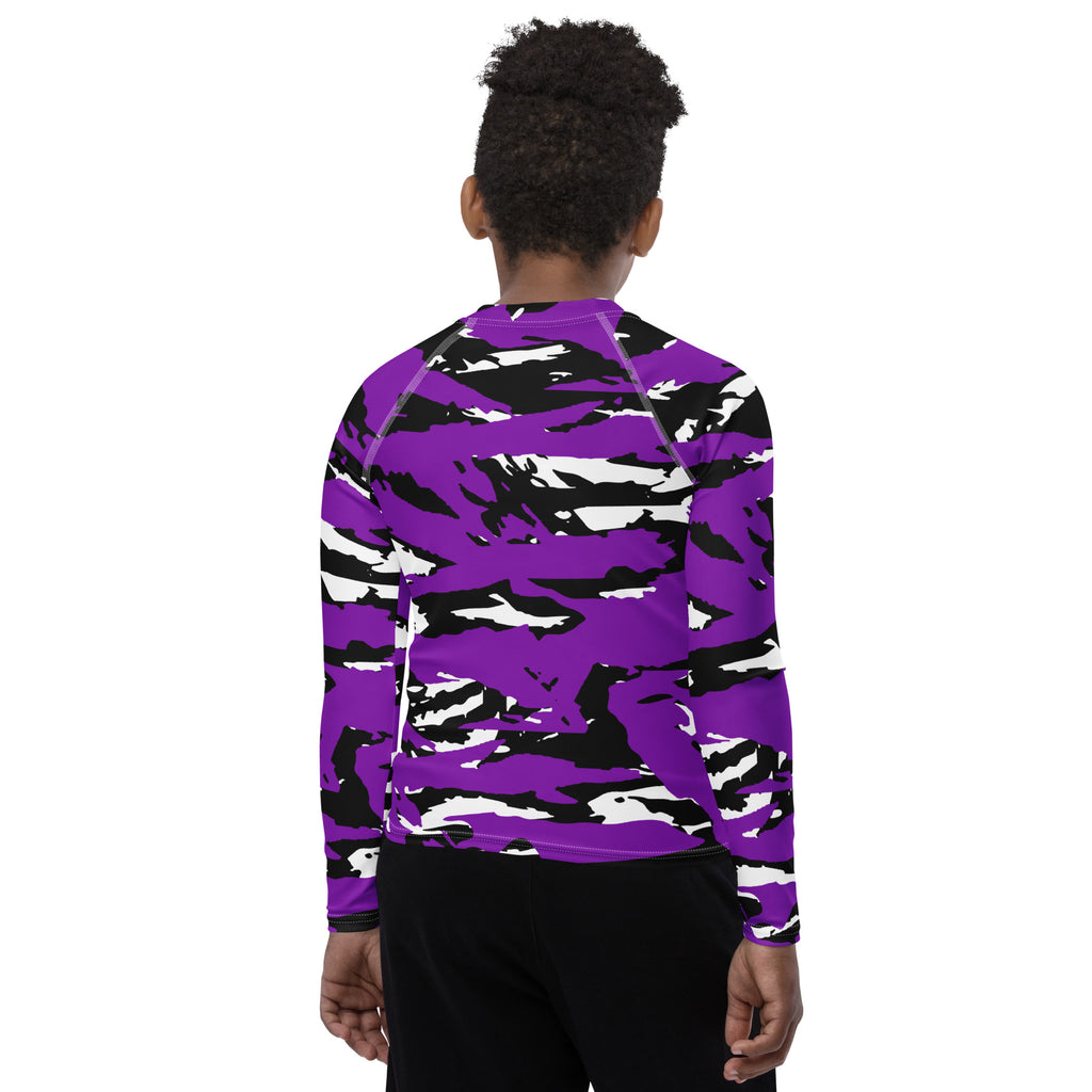 Athletic sports compression shirt for youth football, basketball, baseball, golf, softball etc similar to Nike, Under Armour, Adidas, Sleefs, printed with camouflage colors. purple, black, and white colors Colorado Rockies. 