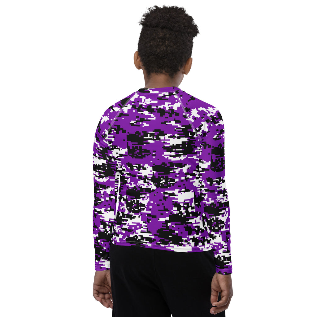 Athletic sports compression shirt for youth football, basketball, baseball, golf, softball etc similar to Nike, Under Armour, Adidas, Sleefs, printed with camouflage purple, black, and white colors Colorado Rockies. 