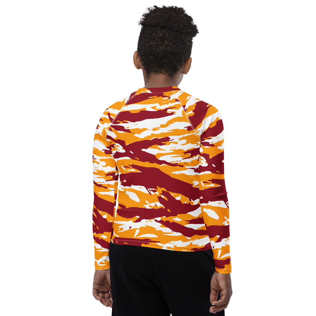 Athletic sports compression shirt for youth football, basketball, baseball, golf, softball etc similar to Nike, Under Armour, Adidas, Sleefs, printed with camouflage yellow, white, and maroon colors ASU Sun Devils.  