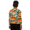 Athletic sports compression shirt for youth football, basketball, baseball, golf, softball etc similar to Nike, Under Armour, Adidas, Sleefs, printed with camouflage orange, green, and white colors University of Miami Hurricanes. 