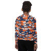 Athletic sports compression shirt for youth football, basketball, baseball, golf, softball etc similar to Nike, Under Armour, Adidas, Sleefs, printed with camouflage navy blue, orange, and white colors Denver Broncos.   