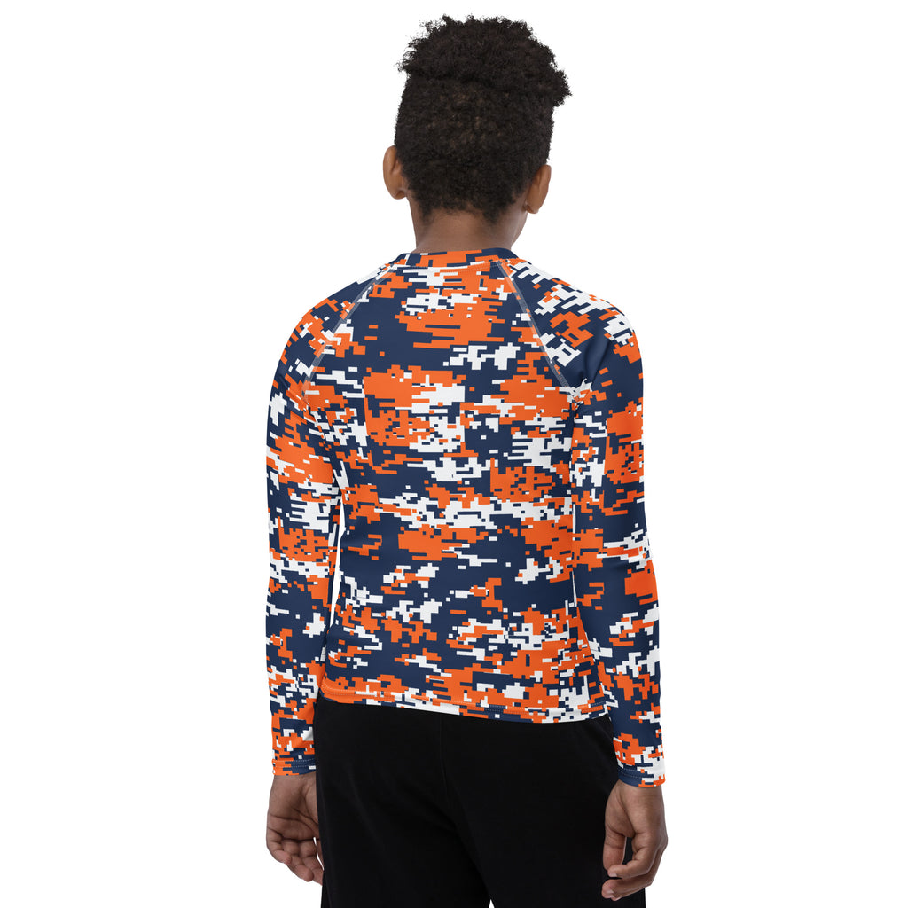 Athletic sports compression shirt for youth football, basketball, baseball, golf, softball etc similar to Nike, Under Armour, Adidas, Sleefs, printed with camouflage navy blue, orange, and white colors Denver Broncos.   