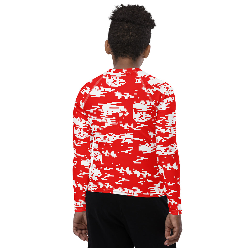 Athletic sports compression shirt for youth football, basketball, baseball, golf, softball etc similar to Nike, Under Armour, Adidas, Sleefs, printed with camouflage red and white colors Houston Rockets.    