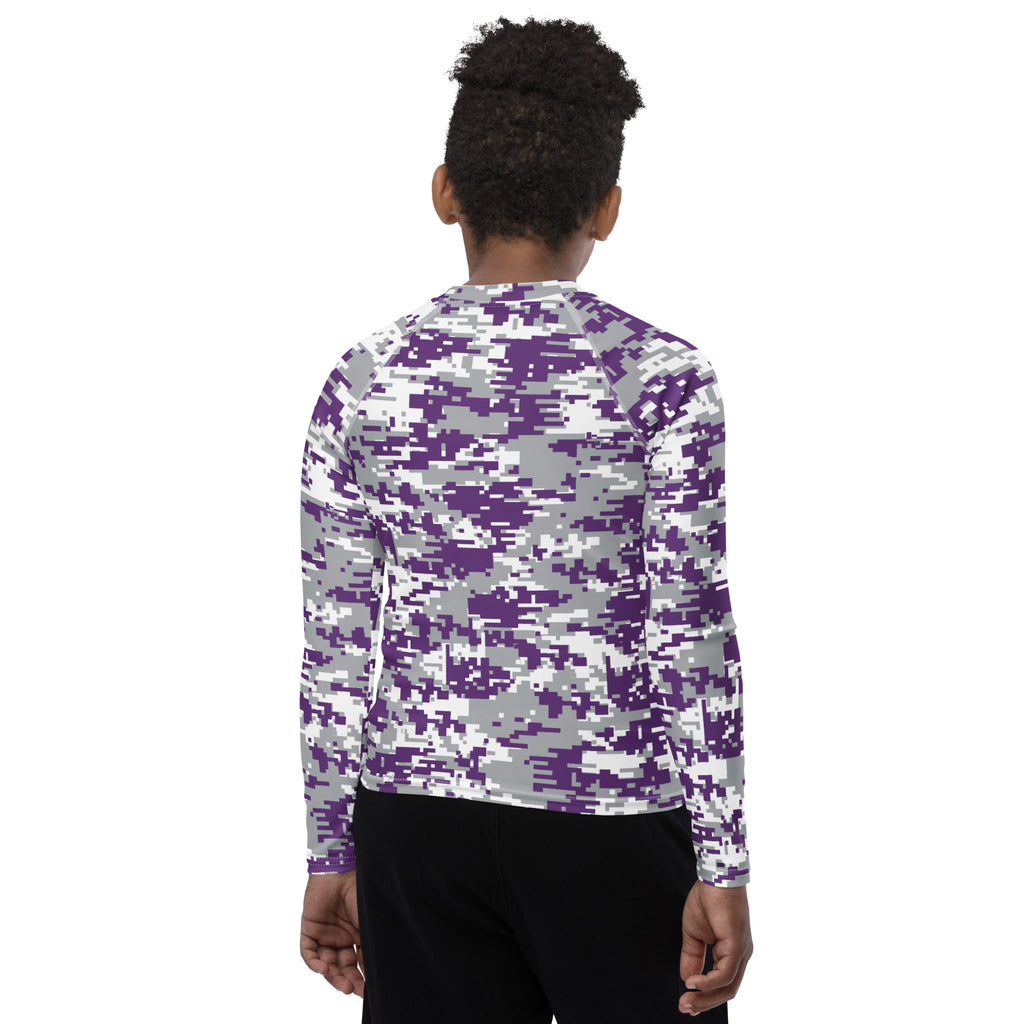 Athletic sports compression shirt for youth football, basketball, baseball, golf, softball etc similar to Nike, Under Armour, Adidas, Sleefs, printed with camouflage purple, white, and gray colors.   
