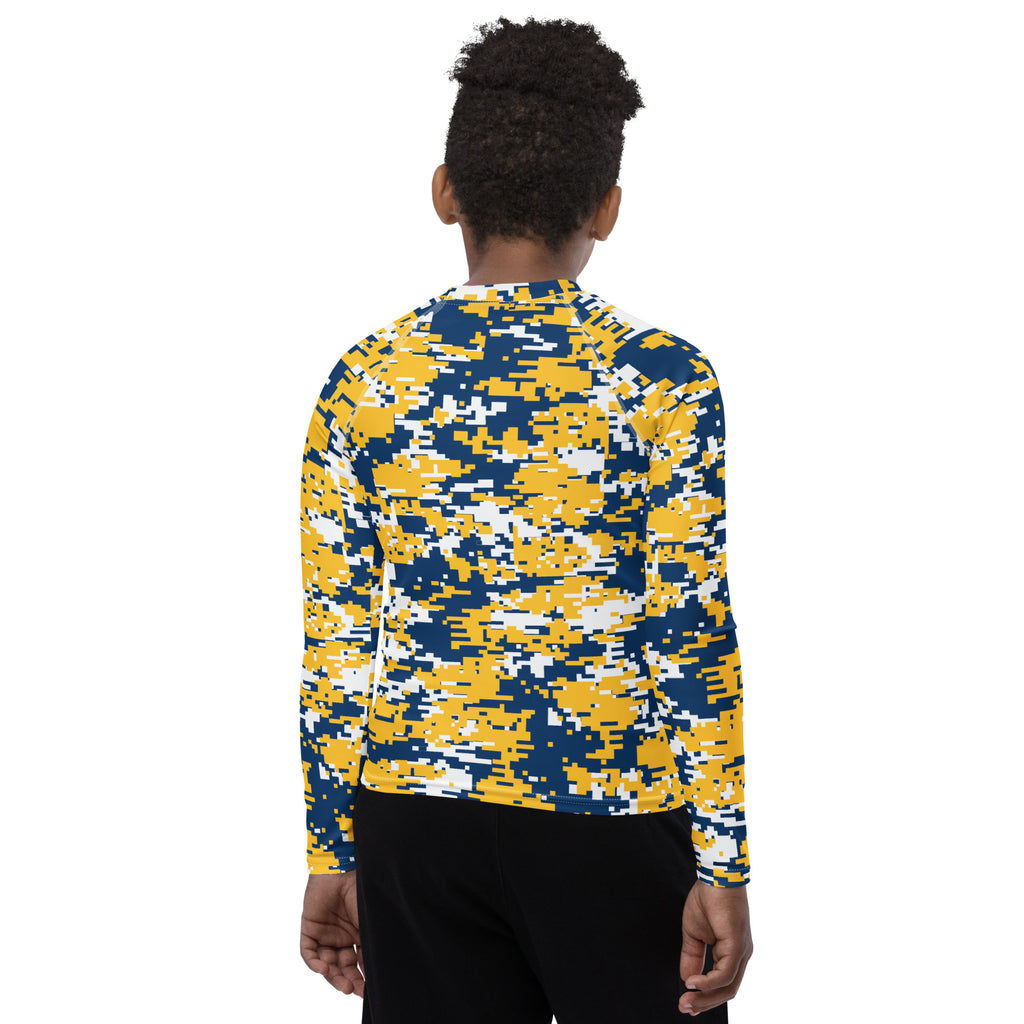 Athletic sports compression shirt for youth football, basketball, baseball, golf, softball etc similar to Nike, Under Armour, Adidas, Sleefs, printed with camouflage navy blue, yellow, and white colors.    
