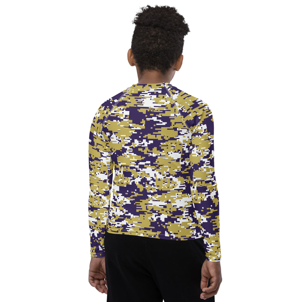Athletic sports compression shirt for youth football, basketball, baseball, golf, softball etc similar to Nike, Under Armour, Adidas, Sleefs, printed with camouflage purple, gold, and white colors Washington Huskies.    
