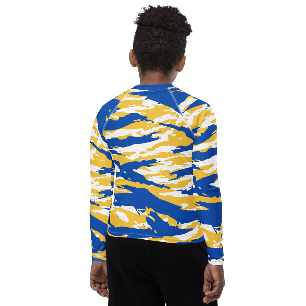 Athletic sports compression shirt for youth football, basketball, baseball, golf, softball etc similar to Nike, Under Armour, Adidas, Sleefs, printed with camouflage blue, yellow, and white colors Green Bay Packers.   