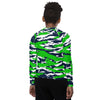 Athletic sports compression shirt for youth football, basketball, baseball, golf, softball etc similar to Nike, Under Armour, Adidas, Sleefs, printed with predator navy blue, white, and green colors Seattle Seahawks 