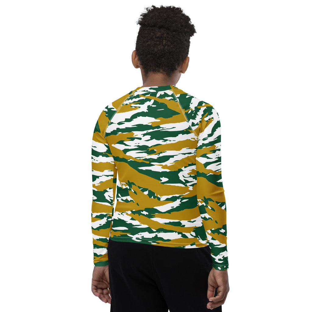 Athletic sports compression shirt for youth football, basketball, baseball, golf, softball etc similar to Nike, Under Armour, Adidas, Sleefs, printed with predator green, gold, and white colors Colorado State Rams
