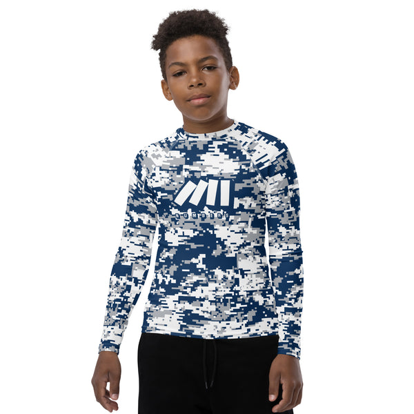 Athletic sports compression shirt for youth football, basketball, baseball, golf, softball etc similar to Nike, Under Armour, Adidas, Sleefs, printed with camouflage navy blue, white, and gray colors.  