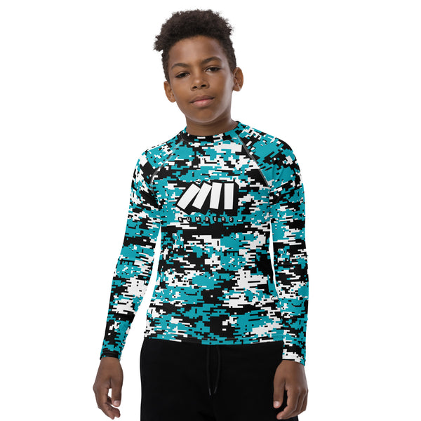 Athletic sports compression shirt for youth football, basketball, baseball, golf, softball etc similar to Nike, Under Armour, Adidas, Sleefs, printed with camouflage black, white, and turquoise colors.    