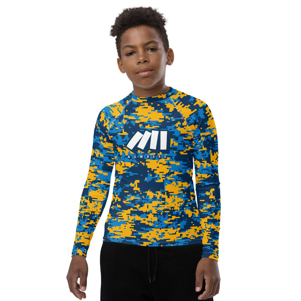 Athletic sports compression shirt for youth football, basketball, baseball, golf, softball etc similar to Nike, Under Armour, Adidas, Sleefs, printed with camouflage navy blue, baby blue, and yellow colors.      
