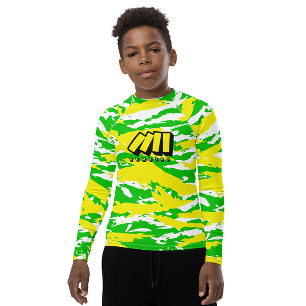 Athletic sports compression shirt for youth football, basketball, baseball, golf, softball etc similar to Nike, Under Armour, Adidas, Sleefs, printed with camouflage neon, yellow, white, and green colors.    
