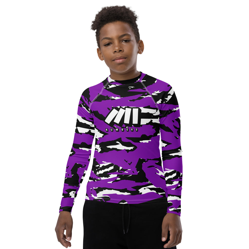 Athletic sports compression shirt for youth football, basketball, baseball, golf, softball etc similar to Nike, Under Armour, Adidas, Sleefs, printed with camouflage purple, black, and white colors Colorado Rockies.  