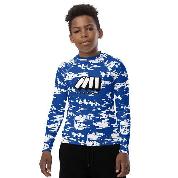 Athletic sports compression shirt for youth football, basketball, baseball, golf, softball etc similar to Nike, Under Armour, Adidas, Sleefs, printed with camouflage blue and white colors Indianapolis Colts.  
