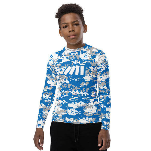 Athletic sports compression shirt for youth football, basketball, baseball, golf, softball etc similar to Nike, Under Armour, Adidas, Sleefs, printed with camouflage blue, white, and gray colors Detroit Lions. 