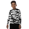 Athletic sports compression shirt for youth football, basketball, baseball, golf, softball etc similar to Nike, Under Armour, Adidas, Sleefs, printed with camouflage black, white, and gray colors San Antonio Spurs. 