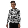 Athletic sports compression shirt for youth football, basketball, baseball, golf, softball etc similar to Nike, Under Armour, Adidas, Sleefs, printed with camouflage black, white, and gray colors San Antonio Spurs. 