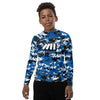 Athletic sports compression shirt for youth football, basketball, baseball, golf, softball etc similar to Nike, Under Armour, Adidas, Sleefs, printed with camouflage baby blue, white, and blue colors Orlando Magic.   