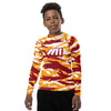 Athletic sports compression shirt for youth football, basketball, baseball, golf, softball etc similar to Nike, Under Armour, Adidas, Sleefs, printed with camouflage yellow, white, and maroon colors ASU Sun Devils.   