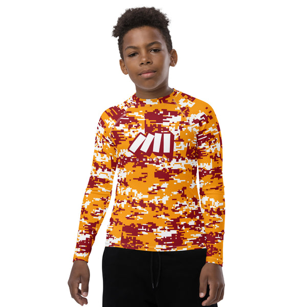 Athletic sports compression shirt for youth football, basketball, baseball, golf, softball etc similar to Nike, Under Armour, Adidas, Sleefs, printed with camouflage yellow, white, and maroon colors ASU Sun Devils. 