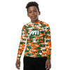 Athletic sports compression shirt for youth football, basketball, baseball, golf, softball etc similar to Nike, Under Armour, Adidas, Sleefs, printed with camouflage orange, green, and white colors University of Miami Hurricanes.    