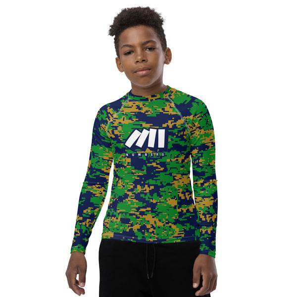 Athletic sports compression shirt for youth football, basketball, baseball, golf, softball etc similar to Nike, Under Armour, Adidas, Sleefs, printed with camouflage colors.   navy blue, green, and gold colors Notre Dame Fighting Irish. 
