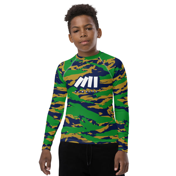 Athletic sports compression shirt for youth football, basketball, baseball, golf, softball etc similar to Nike, Under Armour, Adidas, Sleefs, printed with camouflage navy blue, green, and gold colors Notre Dame Fighting Irish. 
